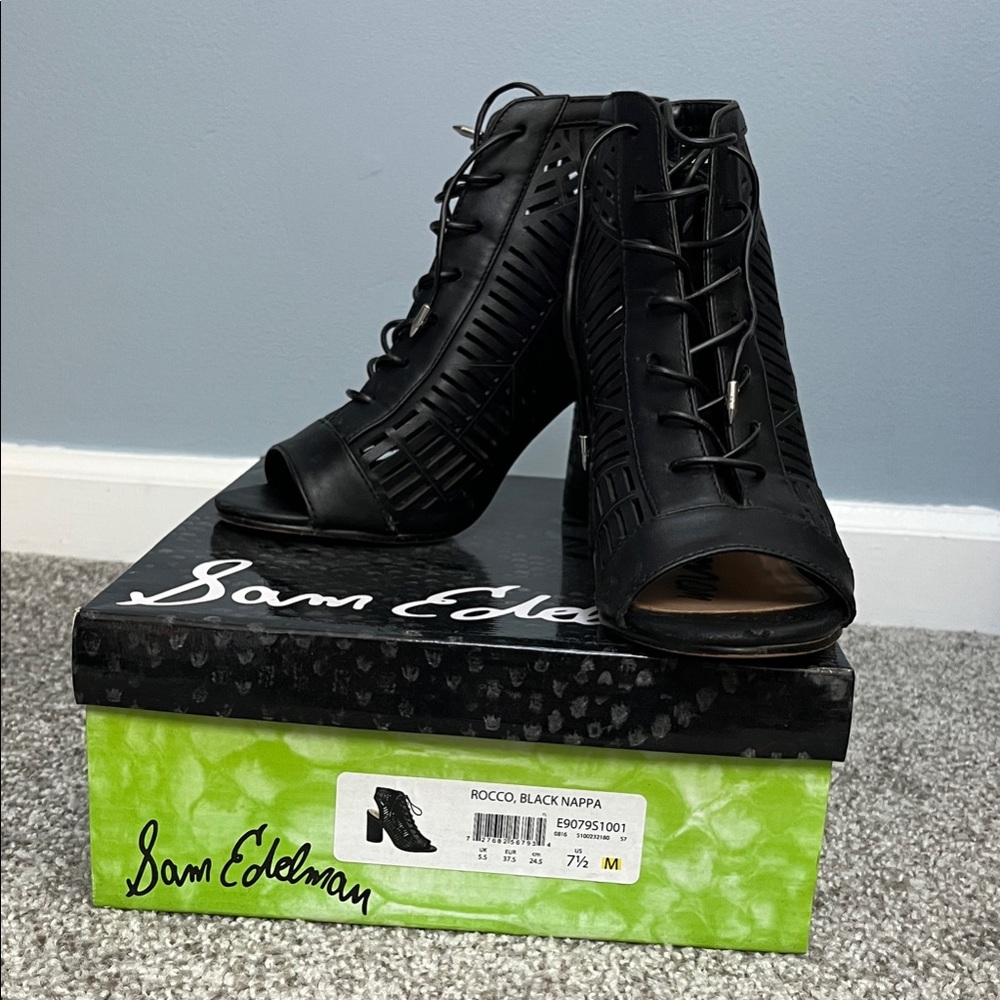 Sam Edelman Black Lace-Up Peep Toe Heels